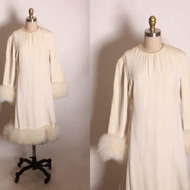 1960s White Long Sleeve Fuzzy Marabou Trim Cuffs and Hem Holiday Dress by Christian Dior New York for Harzfelds -M-L 