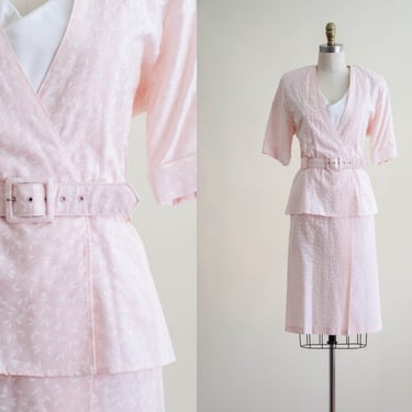 80s pink peplum dress | pale pink floral vintage dress 