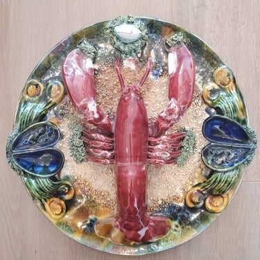 Mid-Century Palissy Portuguese Majolica Coastal Hand Painted Lobster Decorative Wall Plate / Vintage Ceramic Sculpture 