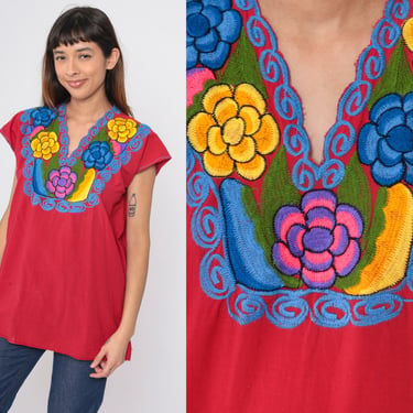 Mexican Embroidered Top Blouse 90s Red Floral Blouse Peasant V Neck Hippie Short Sleeve Shirt Summer Boho Vintage 1990s Large L 