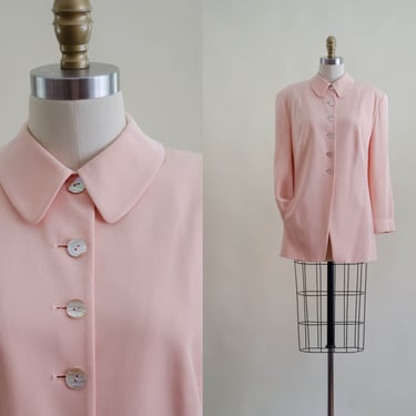 peach silk jacket | 90s vintage pastel pink long silk blazer 