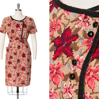 Vintage 1960s Shirt Dress | 60s Floral Cross Stitch Print Cotton Asymmetrical Button Up Wiggle Sheath Shirtwaist Day Dress (medium) 