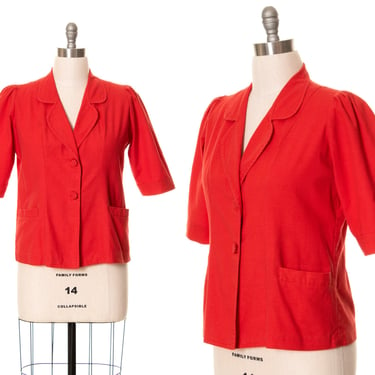 Vintage 1970s Blouse | 70s does 40s Red Cotton Short Sleeve Volup Jacket Top with Pockets (x-large) 