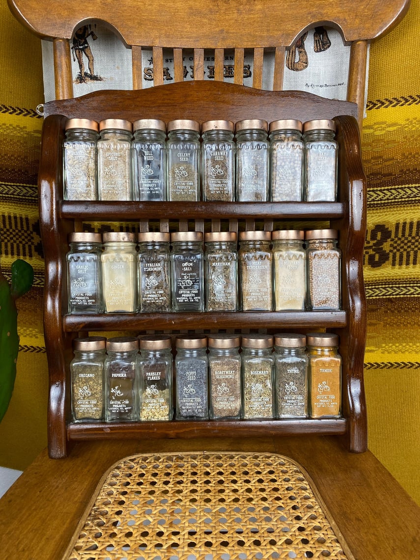 Vintage Glass Apothecary Spice Jars with wooden rack