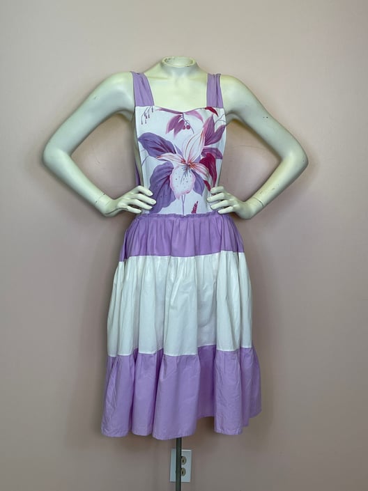 Vtg 70s cotton Lily pinafore apron bib dress cottagecore floral SM 
