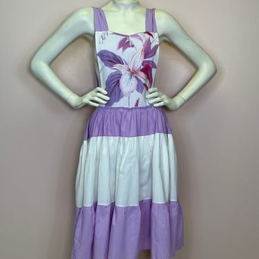 Vtg 70s cotton Lily pinafore apron bib dress cottagecore floral SM 