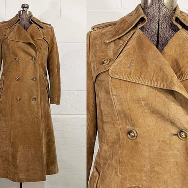 Vintage 1970s Tan Velvet Trench Coat Winter Long Jacket Hipster Button Front Boho Mod Suede Satin Lining Medium 70s 