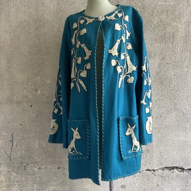 Vintage 1940s Aqua Blue Wool Embroidered Coat Tulips Deer Celluloid Jacket