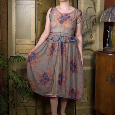 1920s Dress - Romantic Claire Gowns Vintage 20s Silk Chiffon Floral Robe de Style in Blue and Orange 