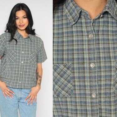 Blue Checkered Shirt 90s Plaid Shirt Grunge Button Up Blouse Short Sleeve Check Print Top Vintage Preppy 1990s Large L 