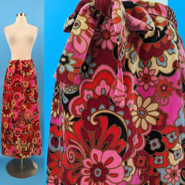 Seventies Psychedelic Pink Floral Velvet Maxi Skirt with Belt - 70s Prestige of Boston XS Long Skirt 