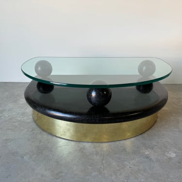 Karl Springer Style Postmodern Tessellated Stone and Brass Demilune Coffee Table With Glass Top 