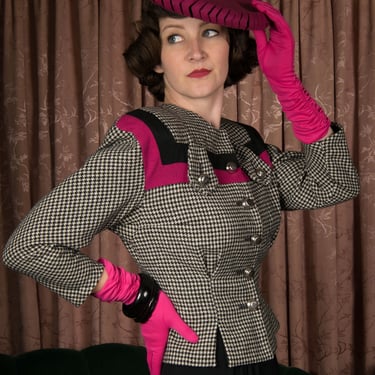 1940s Blazer - Fun and Bold Vintage 40s Houndstooth with Pink and Black Color Block Suit Jacket 