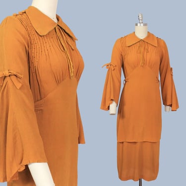 1930s Dress / 30s Smocked Crepe Peasant Dress / Angel Sleeves / Yellow Orange 