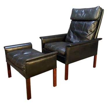 Vintage Danish Mid Century Modern Leather and Rosewood Lounge Chair and Ottoman by Hans Olsen 