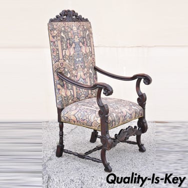 Antique Italian Renaissance Baroque Tapestry Throne Lounge Arm Chair