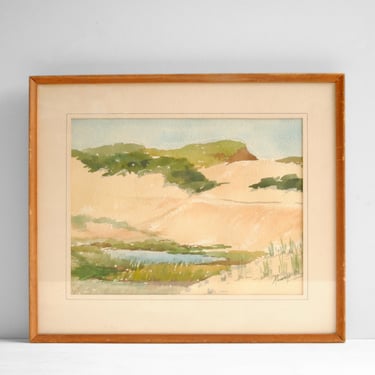 Vintage Watercolor Landscape Painting of Sand Dunes and a Marsh 