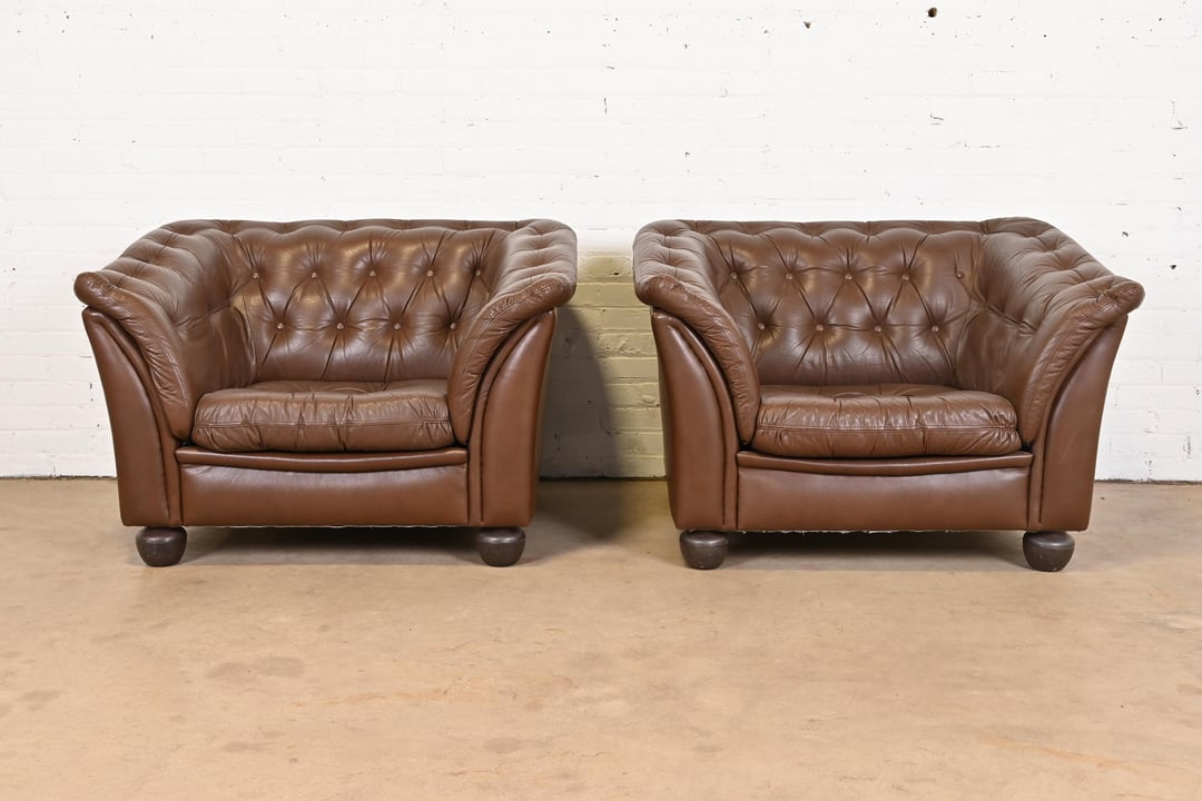 Danish Modern Chesterfield Tufted Brown Leather Lounge Chairs by Wiels Liberty & 33rd South