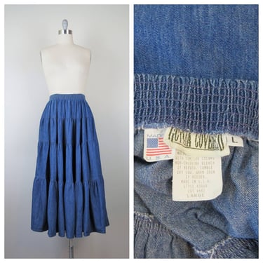 Vintage 1980s denim maxi skirt, cotton, tiered, midi, medium wash, large 