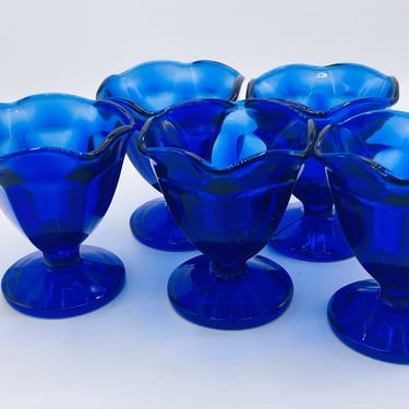 Vintage Pretty set of (8) Cobalt Blue Glass Sundae Ice cream Bowl with scalloped edges-marked Anchor Hocking-4" tall 