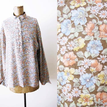 Vintage 70s Floral Print Long Sleeve  M - Muted Light Brown Pastel Flower Print Tunic Blouse 