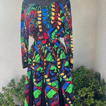 Vintage Diane Freis midi dress abstract print Georgette rhinestones beads pleats Petite S/M. 