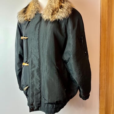 80’s black tour jacket style~detachable Fox fur collar~ super oversized St Topaz trendy 1980’s military style~ size SM + 