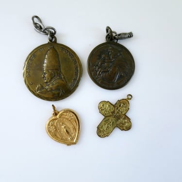 70s Pendants and Charms Jewelry, 4 Vintage Catholic or Religious Medals Lot, 