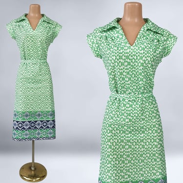 VINTAGE 60s 70s Green Geometric Print Mod Scooter Dress by NPC Fashions Sz 12 | 1960s 1970s Belted Shift Dress M/L | VFG 