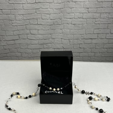 Chanel Faux Pearl, Strauss & Bead Strand Necklace, Blk/Crm/White