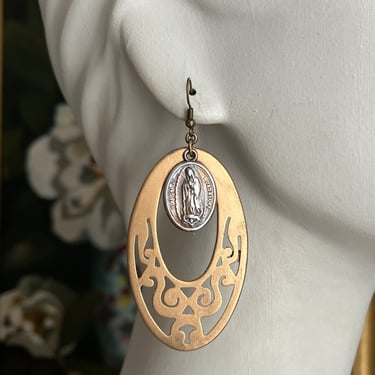 Dangle Drop Earrings, Reworked Upcycled, Vintage Religious Medals, Virgin Mary, Lady of Guadalupe 