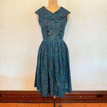 Blue Print Sleeveless Dress with Oversized Collar - 1950s 