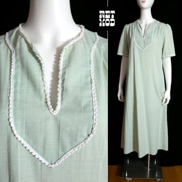 Unique & Comfy Vintage 70s 80s Pastel Sage Green Tunic Dress 