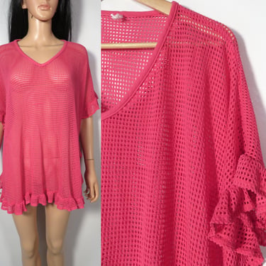 Vintage 80s Bubblegum Pink Fishnet Frilly Beachwear Cover Up Top Size One Size Fits Most 