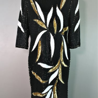 Brightest Bulb in The Box - Silk Beaded Dress - by Night Vogue - Marked size M - Estimated to be size L -  Black Gold White 