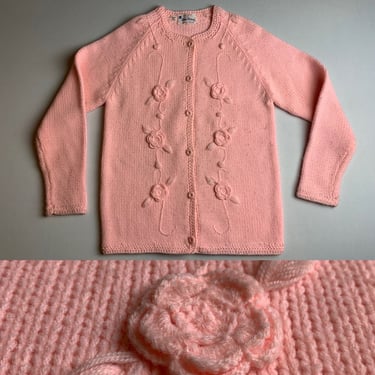 Vintage 60’s Pink Rose Cardigan Sweater Size Small 