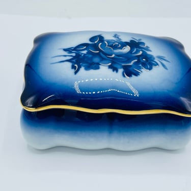 Vintage Limoges France CASTLE Rectangle Shaped Trinket Box- Cobalt Blue and gold Flowers -4 3/4