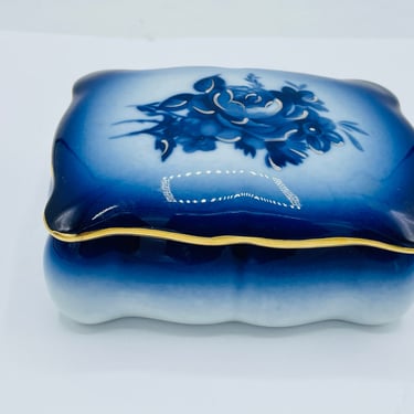 Vintage Limoges France CASTLE Rectangle Shaped Trinket Box- Cobalt Blue and gold Flowers -4 3/4" 