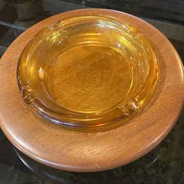 Federal Amber Art Glass Ashtray w Wood Holder