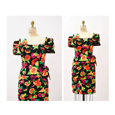 80s Vintage Floral Print Dress Size Medium by Victor Costa off the shoulder black flower dress // 80s 90s Prom Party Dress medium large 