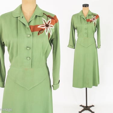 1940s Green Cotton Dress | 40s Green Embroidered Dress | Old Hollywood | Small 