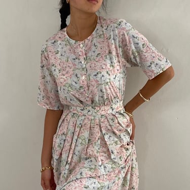 90s matching set / vintage Jaeger pink floral short sleeve blouse + matching pleated floral skirt suit set | Small 