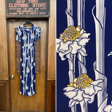 Vintage 1940’s Original “Kamehameha” Rayon Tiki Cartoon Native Pake Muu Batwing Sleeve Hawaiian Dress, Pake Muu, Hawaiian Dress, 1940s Dress 