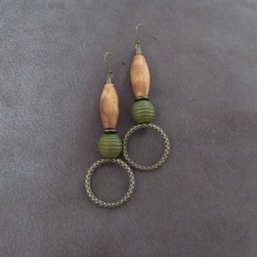 Oversized hammered bronze and wooden earrings, mid century modern earrings 