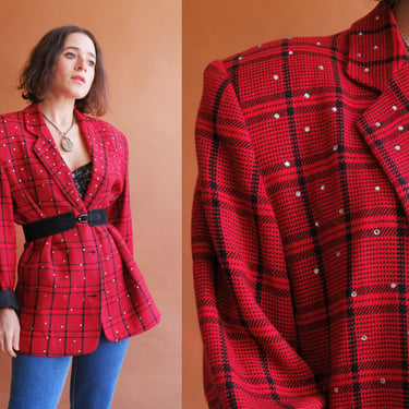 Vintage 80s Rhinestone Plaid Blazer/ 1980s Red Black Jacket/ Size Large 