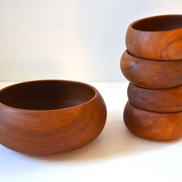 Danish Modern Teak Wood Salad Bowl 5 Piece Set by Goodwood 