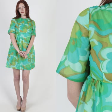 Vintage 60 Watercolor Chiffon Dress / 1960s Psychedelic Floral Dress / Mod GoGo Abstract Print Mini Dress 