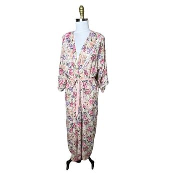 Vintage 90s California Dynasty Pink Cottage Core Floral Chiffon Robe, M 