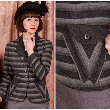 1950s Jacket - Chic Vintage 50s Grey Scale Striped New Look Tailored Jacket with Chevron Pockets 