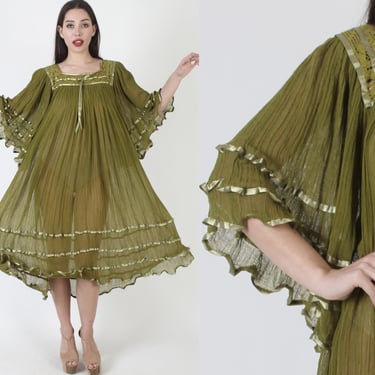Forrest Army Green Loose Fitting Mexican Gauze Dress, Wide Kimono Angel Bell Sleeves, Soft And Thin Crochet Cotton Sundress 